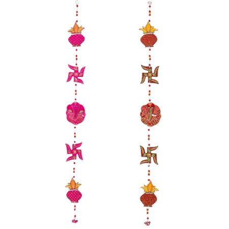 Handmade Wooden Kalash, Swastik, Ganesh Design Wall Hanging - Pink, Red